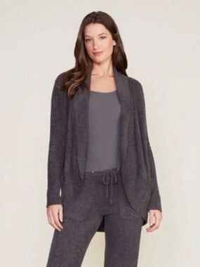 Barefoot Dreams Circle Cozychic Lite Charcoal Open Front Knit Cardigan Pockets